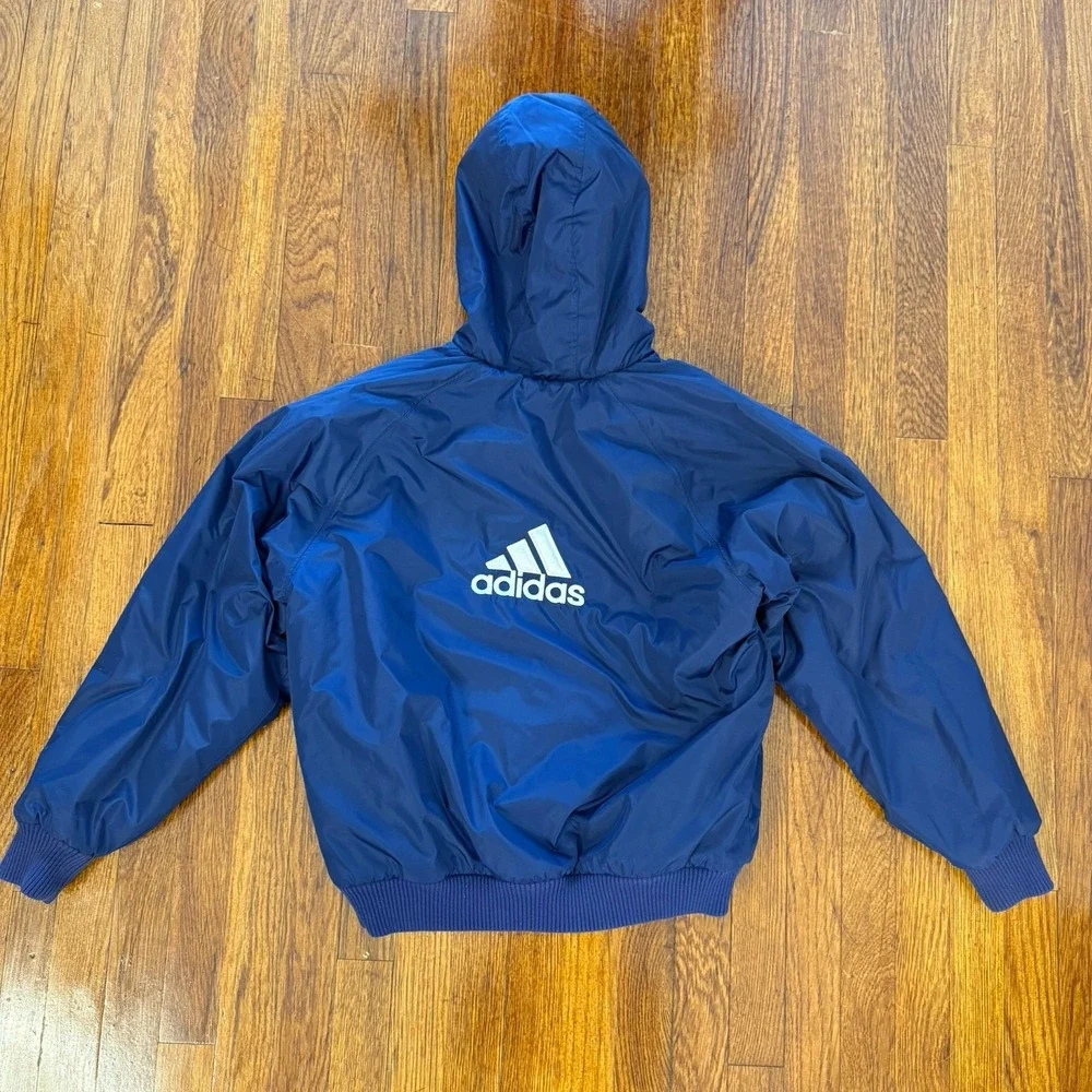 VINTAGE adidas Men's 90s Reversible Hooded Puffer Jacket Navy Blue Size S/M